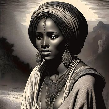 Radierung Afrikanische Frau in natürlicher Landschaft