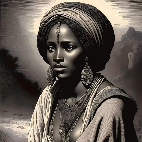 Ets Afrikaanse vrouw in natuurlandschap