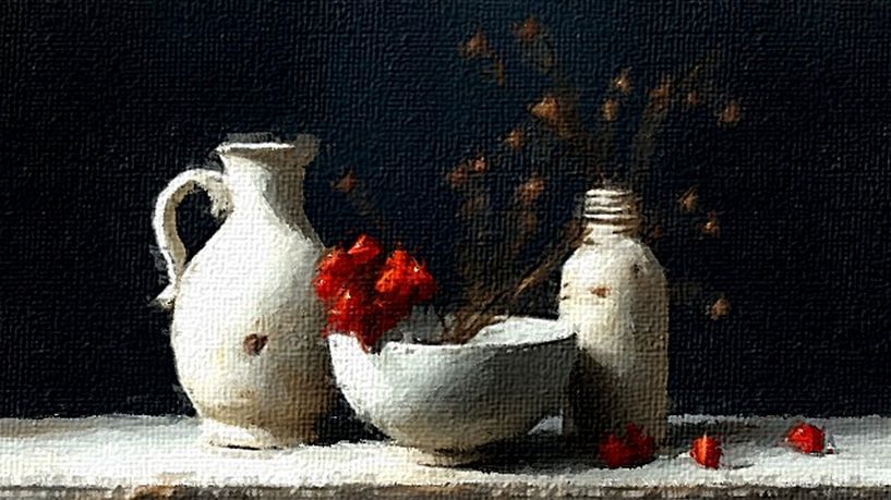 Nature morte classique d'une cruche, d'un bol et d'une bouteille sur fond noir. par J.a Dijkstra