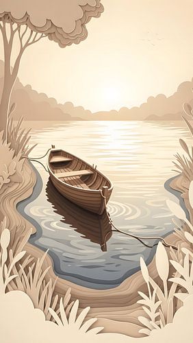 Sereen papiergesneden meer met houten roeiboot bij zonsondergang