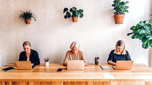 Drie zakenvrouwen in een moderne coworkingruimte