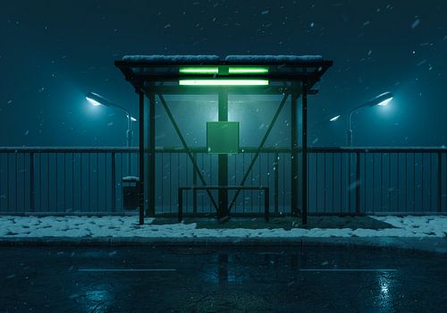 arrêt de bus abandonné par une froide nuit d'hiver
