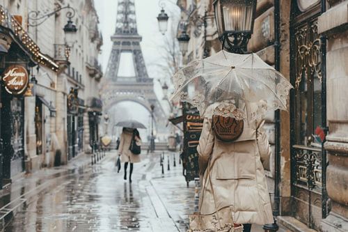 Elegante Parijse regenwandeling - Sfeervol schilderij