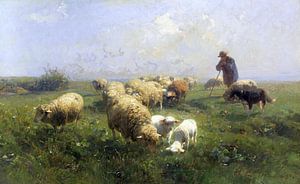 Zonnig weiland, schapen en herder, HEINRICH VON ZÜGEL, 1890 van Atelier Liesjes