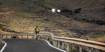 Cyclist on a small road uphill on the island of Lanzarote by Harrie Muis