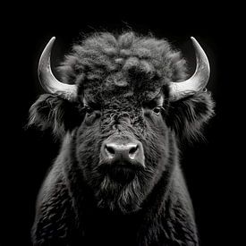 portrait dramatique d'un bison sauvage regardant droit dans l'appareil photo sur Margriet Hulsker