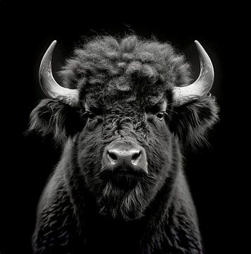 dramatisch portret van een wilde bizon die recht de camera in kijkt van Margriet Hulsker