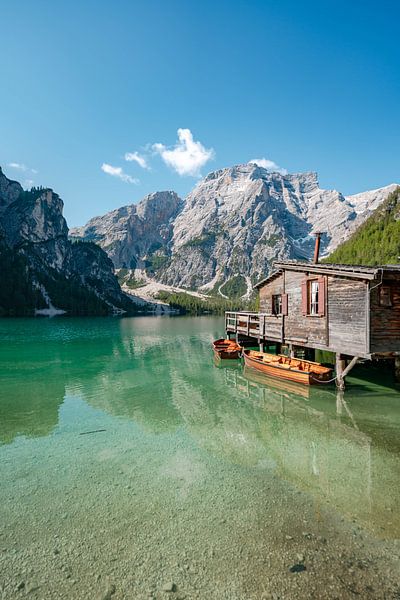 Prager Wildsee in the Dolomites with the floor and the footbridge by Leo Schindzielorz