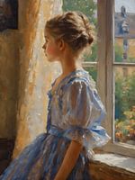 Impressionism thinking girl in pretty dress