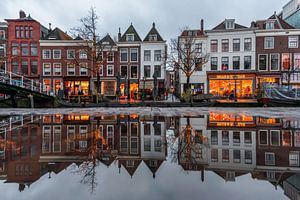 Leyde - Les maisons du marché au beurre se reflètent dans une flaque d'eau (0126)
