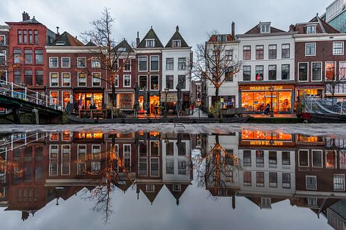 Leiden - Canal houses of the Butter Market reflected in a puddle (0126)