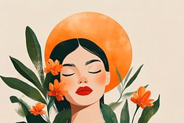 Frau mit Blumen und Sonnenkreis – Modern von Poster Art Shop