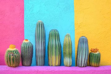 Cactussen tegen kleurrijke muur van Digitale Schilderijen