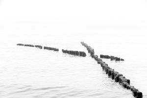 Holzbuhne im Wasser in schwarzweiß