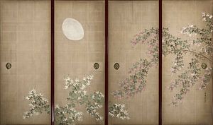 Schiebetür mit Motiv des Mondes mit Kleeblättern, Suzuki Kiitsu