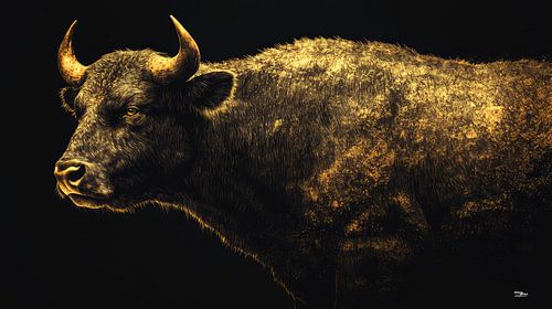 gouden bizon / koe / stier op een zwarte achtergrond