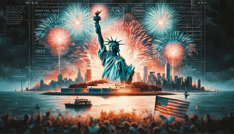 Vuurwerk boven het Vrijheidsbeeld van artefacti