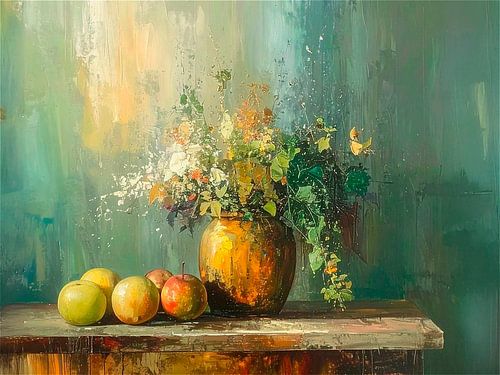 Lebendiges und abstraktes Stilleben mit Efeu und Äpfeln