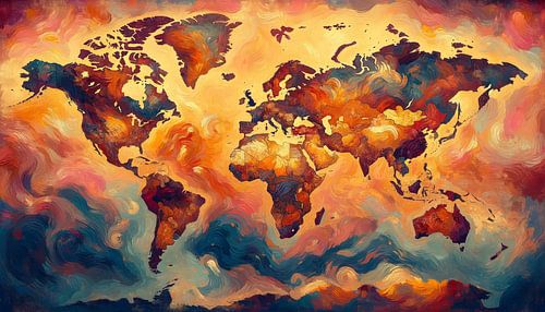 Impressionistische wereldkaart met intense kleuren. van Maps Are Art