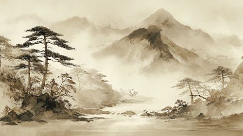 Japanische Kunst – Landschaft mit Bergen