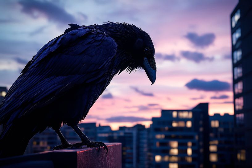 Powerful raven in front of an urban sunset by Poster Art Shop