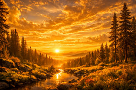 Goldener Sonnenaufgang im Gebirge – Romantische Waldlandschaft mit Fluss von ButterflyPix