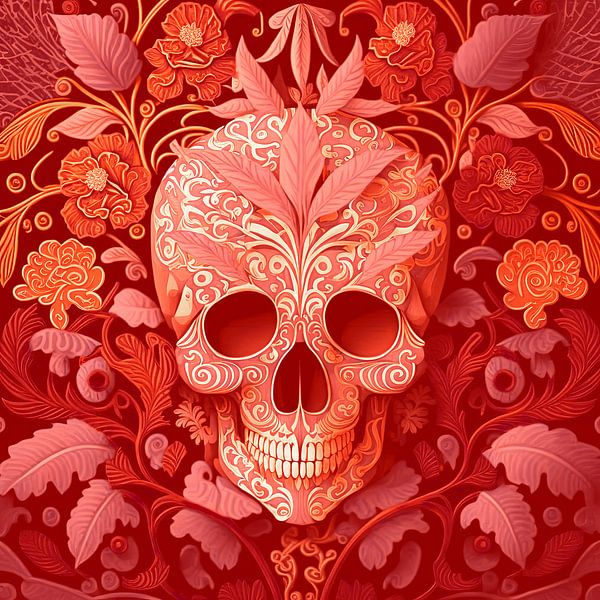 Decorated skull in red by Vlindertuin-Art