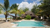 Zwembad met palmbomen en bamboo hut op tropisch eiland