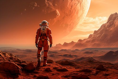 Astronaut in ruimtepak wandelend op stoffig Mars-terrein bij zonsondergang, illustratie