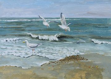Seagulls in the surf by Yvon Schoorl