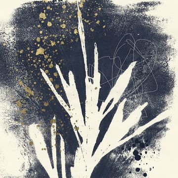 Modern botanical minimalist art. Abstract plant in black with golden spatters. by Dina Dankers