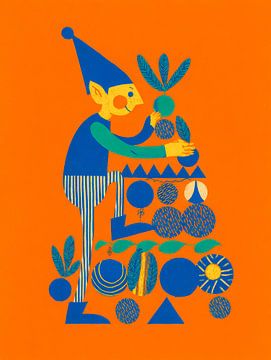 Bunte Weihnachtselfe - moderne Party-Illustration voller verspielter Formen