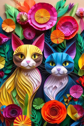 Art coloré représentant des chats et des fleurs