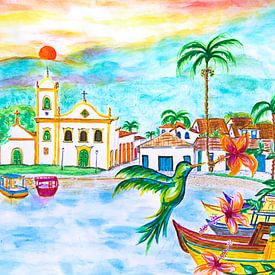 Tropical Paraty, Brazilian colonial town with hummingbird by Maria Lakenman