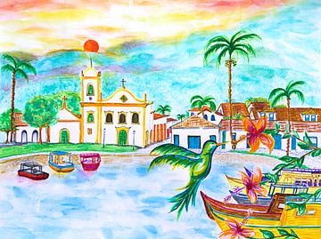 Tropical Paraty, Brazilian colonial town with hummingbird by Maria Lakenman