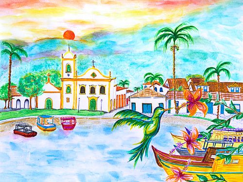 Tropisches Paraty, brasilianische Kolonialstadt mit Kolibri