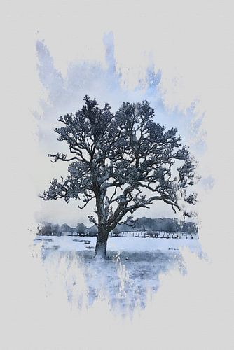 Een enkele boom in waterbrush-stijl