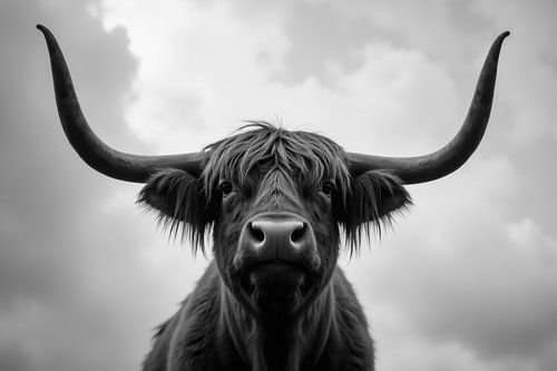 Portrait en noir et blanc d'une vache Highland écossaise de luxe - Highland Cow