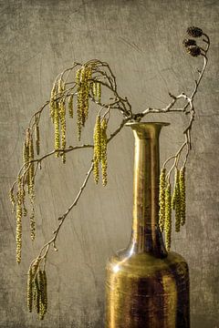 Still Life Vase with alder tree catkins - Green Copper by Alie Ekkelenkamp