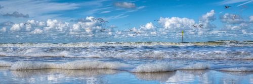 Strand en de Noordzee bij Scheveningen met blauwe lucht, 30 x 90 cm.