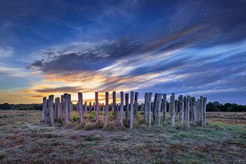 Early bronze age tomb on a moorland with a colorful sunset  by Tony Vingerhoets