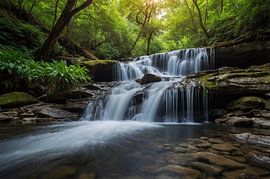 Serene waterfall in lush green forest by Art & Soul Creations