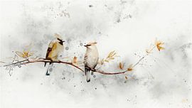 Watercolour of two little birds on a branch -1 by Studio Pieternel