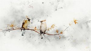 Aquarell von zwei kleinen Vögeln auf einem Ast -1