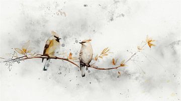 Aquarell von zwei kleinen Vögeln auf einem Ast -1 von Studio Pieternel