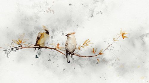 Aquarelle de deux petits oiseaux sur une branche -1