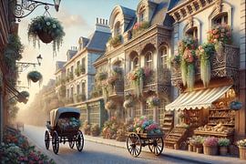 Paris en Fleurs - romantic Parisian street with flowers and carriage