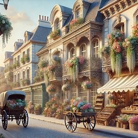 Paris en Fleurs - romantic Parisian street with flowers and carriage by Kleurenrijk