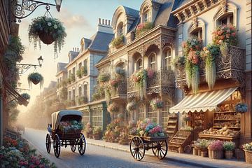 Paris en Fleurs - romantische Pariser Straße mit Blumen und Kutsche von Kleurenrijk