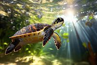 Een kleurrijke zeeschildpad zwemt rustig onder water terwijl zonnestralen het tropische onderwaterlandschap verlichten.